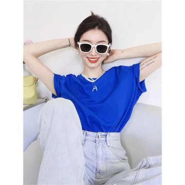 克萊因藍純棉短袖t恤女2025年夏季新款寬松大碼體恤簡約半袖上衣