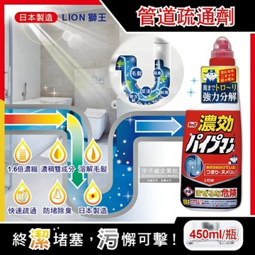 日本LION獅王-廚房衛浴排水管防堵除臭道疏通超濃縮清潔劑(紅瓶)450ml/瓶(快速溶解毛髮)