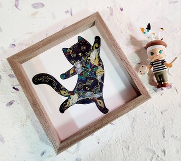 Zentangle Inspired Art禪繞延伸藝術手繪原畫-跳舞貓咪含木畫框