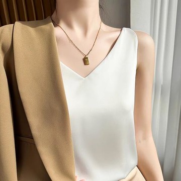真絲吊帶背心女西裝內搭夏季白色打底衫緞面仿桑蠶絲醋酸上衣V領
