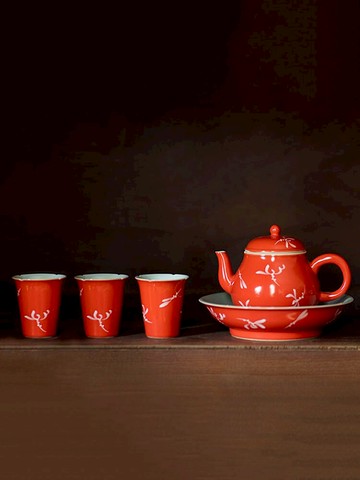 功夫道手繪蘭花珊瑚紅陶瓷茶壺壺承功夫茶具紅釉梨壺中式泡茶壺