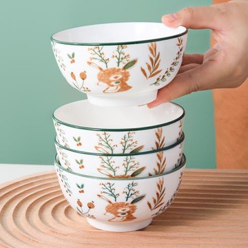 一鹿有你家用4.5英寸米飯碗陶瓷碗喝湯碗吃飯碗釉下彩小面碗餐具