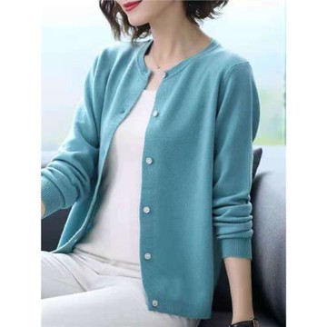 春秋羊毛開衫女裝短款針織外套純色圓領針織衫新款寬松毛衣韓版潮