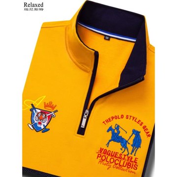老虎頭刺繡 立領拉鏈長袖T恤男裝半高領上衣潮牌黃色POLO衫 秋冬