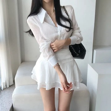 🇰🇷Korea韓國連線·正韓 拼接襯衫短洋裝 連身裙 連身洋裝 襯衫洋裝 棉麻洋裝 蛋糕洋裝 韓國代購 東大門