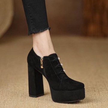 熊大叔手工女鞋10.8cm高跟鞋粗跟真皮深口單鞋防水臺方頭春季磨砂