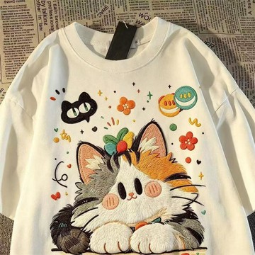 7268 位回頭買家🤩夏季重磅純棉短袖貓咪印花仿刺繡T恤女童親子寬鬆趣味小衆上衣BSD7