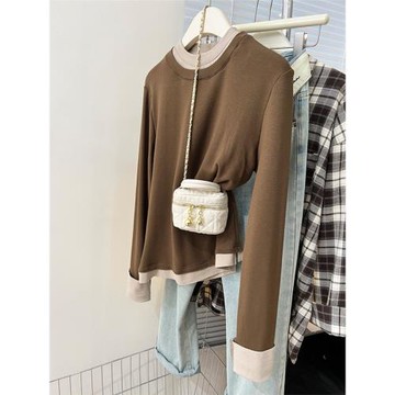 拼色磨毛加絨加厚打底衫女內搭2025新款秋冬顯瘦長袖t恤女上衣潮