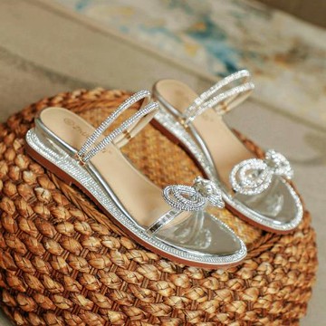 坡跟涼鞋女2025年新款夏季時裝中跟軟底羅馬兩穿水鉆粗跟羅馬百搭