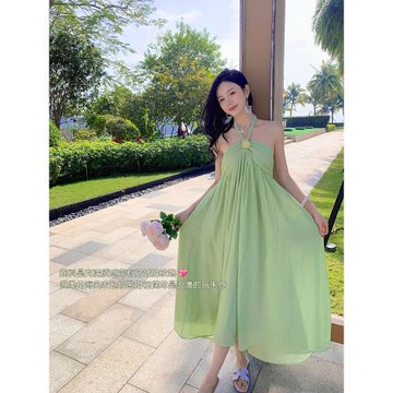 海邊度假連衣裙掛脖性感露背長裙泰國馬爾代夫旅行沙灘裙子綠色裙