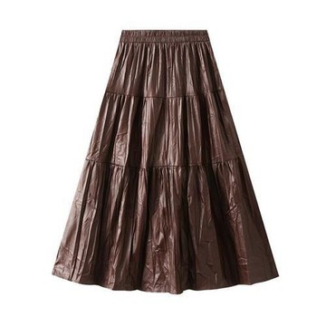 【米蘭精品】半身裙長裙-韓版褶皺仿皮顯瘦a字垂感剪裁女裙子4色74jc38