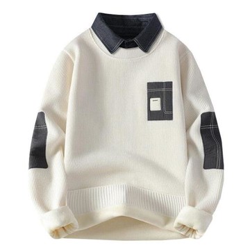 一體絨毛衣男秋冬季潮牌青年拼色假兩件休閑保暖襯衫領針織衫內衣