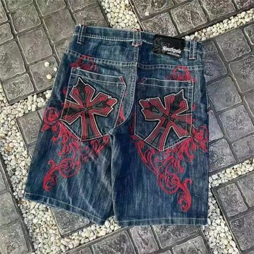 歐美嘻哈哥特風十字架全刺繡牛仔短褲高街小眾潮牌闊腿五分褲