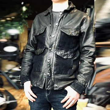 【巴黎精品】現貨+預購 真皮皮衣機車夾克-拼接植鞣綿羊皮多口袋男外套p1ay67
