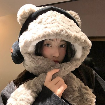 可愛耳機小熊帽子圍巾一體女冬季加厚保暖防寒毛絨包頭護耳雷鋒帽