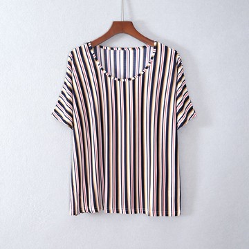 夏款女裝輕薄短袖寬松圓領經典豎條紋T恤衫顯瘦時尚潮