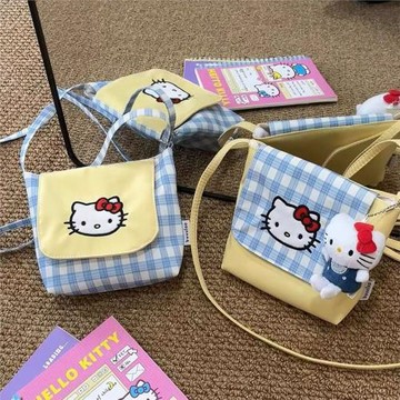 可愛kitty格子帆布包女韓系小眾單肩斜挎小包學生上課通勤手機包