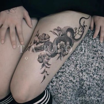 【優選好物】花臂女王TATTOO QUEEN D49新款黑白浮世繪花朵黑蛇少女大腿紋身貼jioyh NiA5