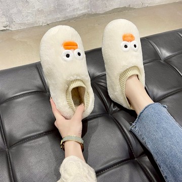 學生卡通小黃鴨棉鞋女2021秋冬新款包頭松緊帶毛毛鞋加絨保暖棉拖