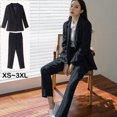 2点セット スーツ レディース パンツスーツ 秋 ネイビー ベルト付き 韓国風 ストライプ お洒落 紺色 ウエストゴム 8分丈パンツ テーラードジャケット
