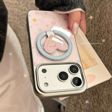 粉星星點點適用蘋果17pm手機殼17小馬磁吸支架iphone16鎏金卡通15