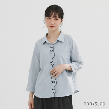 non-stop 貓咪剪影刺繡七分袖襯衫-2色