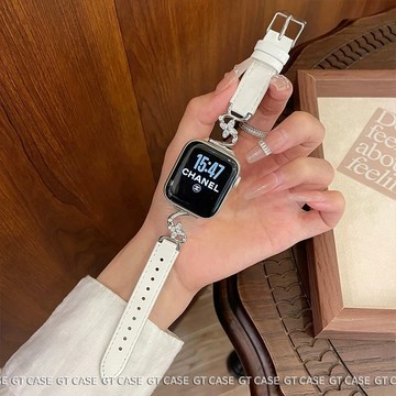 彎型四葉鑽銅拼皮質錶帶 女士表帶 Apple Watch S10錶帶9 8 7 6 SE 41mm 45mm 49mm