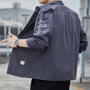 干活穿的耐磨長袖襯衫潮男寬松復古工裝襯衣秋季薄款休閑夾克外套