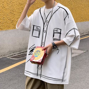 設計感小眾短袖t恤男ins潮流寬松半袖夏季潮牌青少年大碼圓領體恤