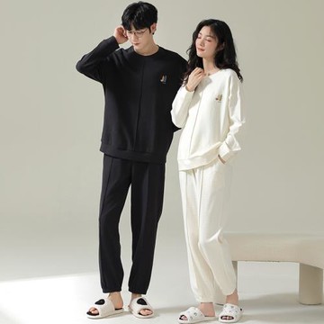 情侶睡衣女春秋季純棉簡約套裝長袖男士大碼青少年冬家居服可外穿
