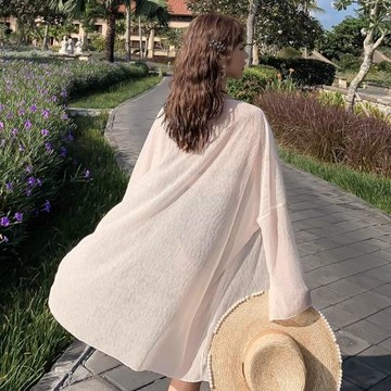 海南三亞長袖輕薄壓褶雪紡開衫中長薄款寬松防曬罩衫披肩小外套仙