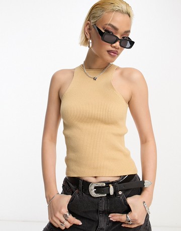 ASOS DESIGN knitted racer vest in camel-Neutral