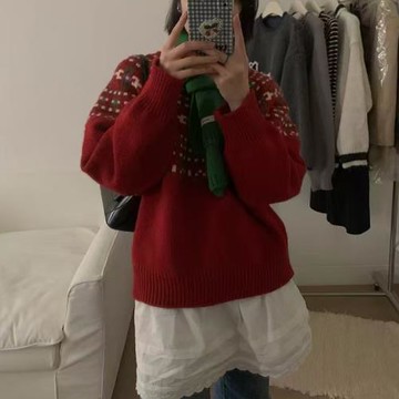 復古費爾島毛衣秋冬女慵懶高級感重工提花圓領套頭加厚羊毛針織衫