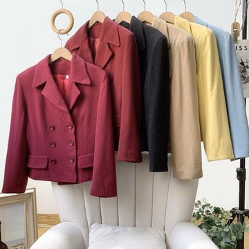 vitnage古著老貨~復古洋裝修身西服/羊毛呢雙排扣西裝外套女秋冬