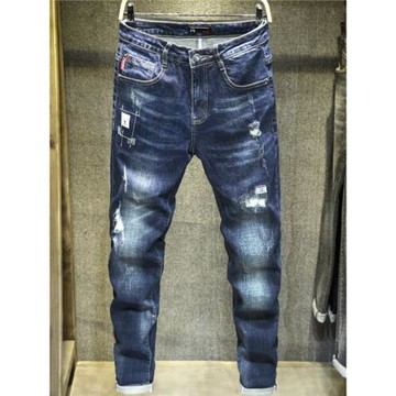 潮牌破洞牛仔褲男士修身小腳褲子男韓版潮流直筒秋季藍色補丁長褲