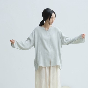 OMAKE 前開衩鑰匙領上衣 / 雙層紗 淡藍