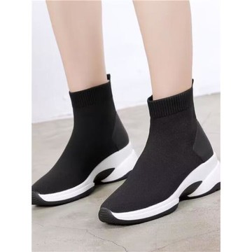 商場同款新款真皮休閑針織舒適簡約時尚瘦瘦襪子靴高跟中筒彈力靴