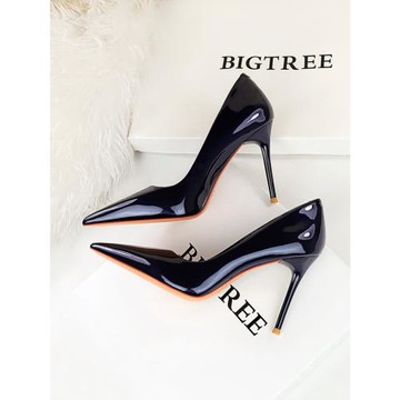 深藍色高跟鞋女細跟漆皮淺口歐美宴會性感簡約顯瘦尖頭職業OL單鞋