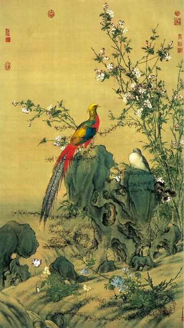 仿古畫名畫復制品郎世寧錦春圖國畫花鳥畫玄關裝飾畫名人字畫書畫