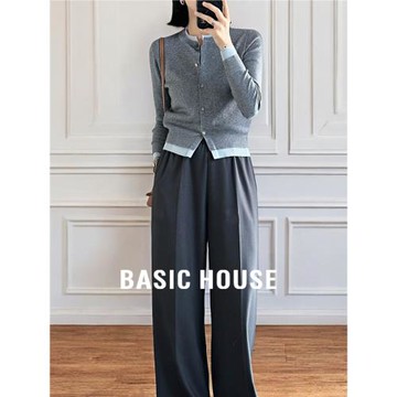 Basic House/百家好灰色假兩件針織開衫女春季新款修身短款羊毛衫