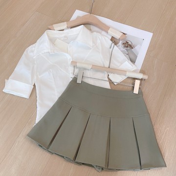 時尚制服套裝2022年新款女夏休閑氣質網紅襯衫甜美洋氣百褶短裙潮