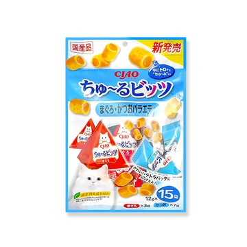 INABA 日本CIAO啾嚕-寵物零嘴貓咪肉泥迷你夾心捲三角包12gx15包/袋-鮪魚鰹魚口味(CS-176)