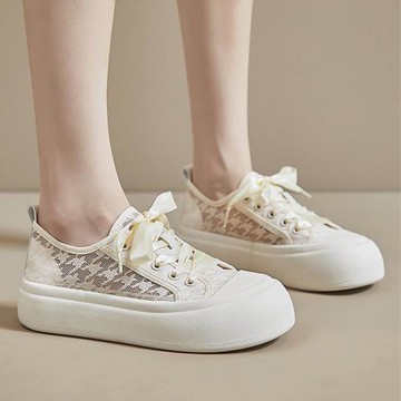 【LN】★ 緞帶網面透氣厚底小白鞋(女鞋/跑步鞋/休閒/板鞋/平底鞋)