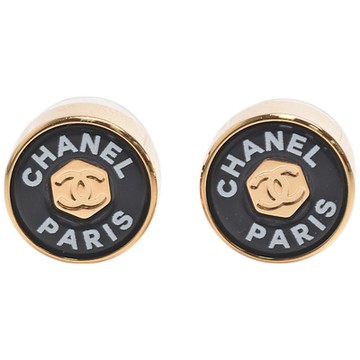 CHANEL 經典品牌LOGO圓形造型穿式耳環(黑/金色)