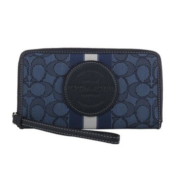 COACH - 圓皮標馬車緹花織布附掛帶拉鍊長夾(藍x灰藍槓)