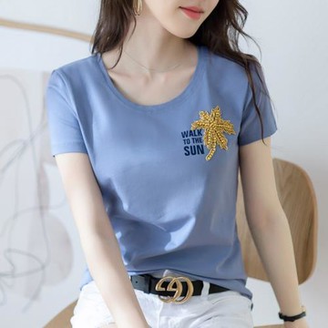 夏季純棉短袖t恤女修身顯瘦百搭體恤小麥穗釘珠恤衫白色半袖上衣