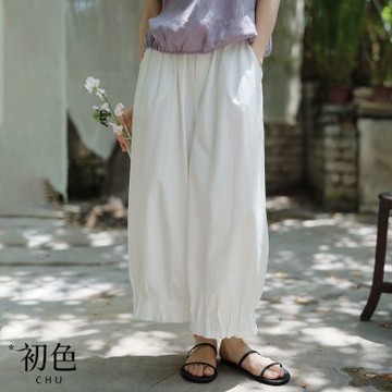 初色 日系文藝復古鬆緊腰壓褶花苞褲寬鬆休閒褲燈籠褲長褲-白色-13793(M-2XL可選)