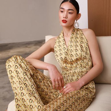 2023新款女夏春連衣體褲高腰時尚級感高端顯瘦褲腿闊長褲超真絲段