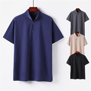 【米蘭精品】現貨+預購 新中式棉麻上衣棉麻襯衫T恤透氣日系亞麻休閒男裝-刺繡立領5色74lk33