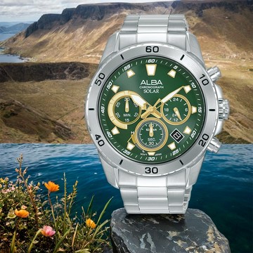 ALBA 雅柏 Solar 太陽能機芯計時手錶-綠/43.8mm (AZ5011X1/VR42-X020G)
